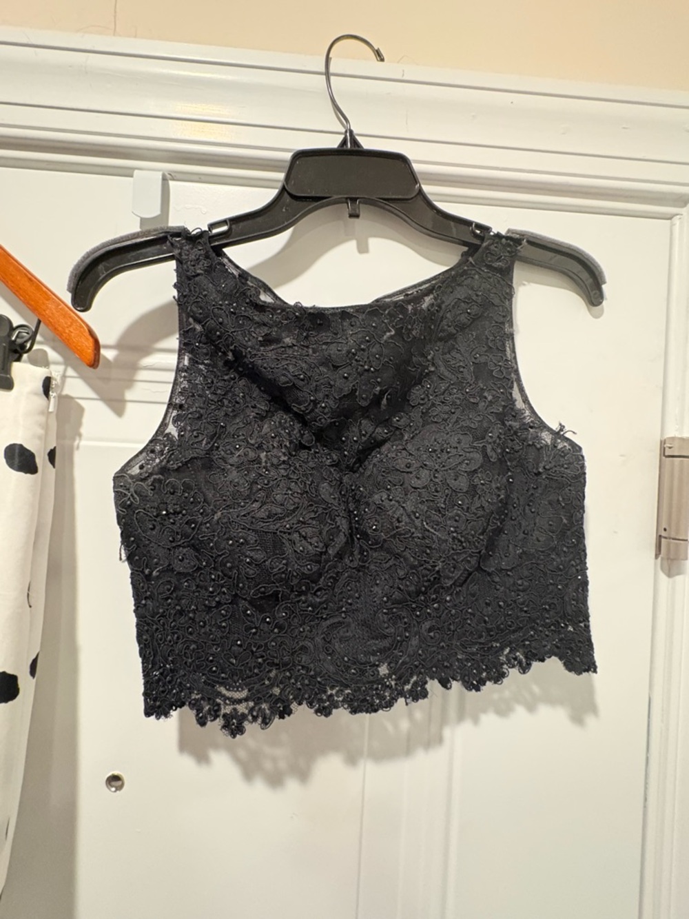 Sherri Hill Black Lace Top and Polka Dot Cocktail Dress with Gold Zipper Detail - Picture 2 of 6